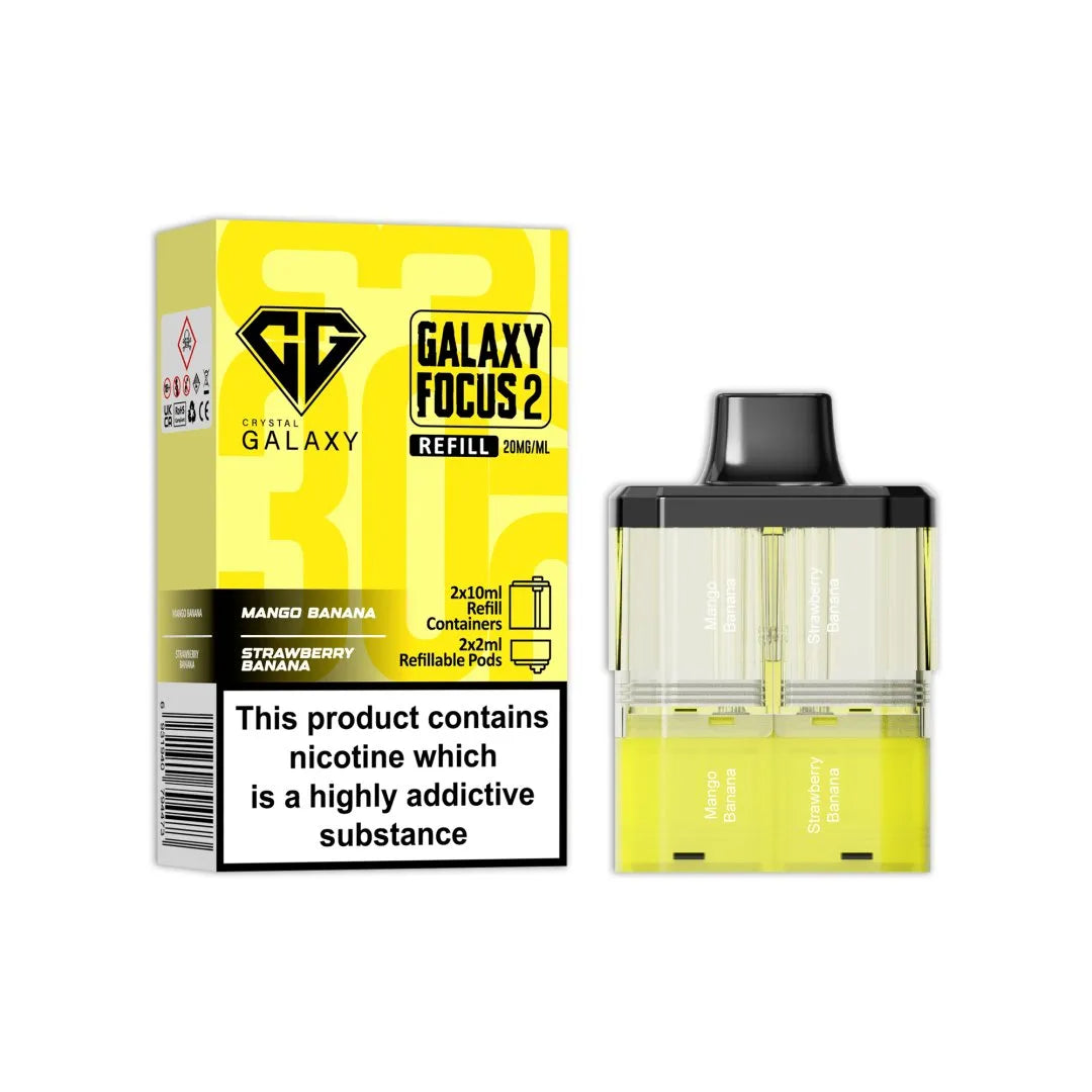 Crystal Galaxy Focus 2 Replacement Pods in Mango Banana / Strawberry Banana – prefilled pods for the Focus 2 vape kit, up to 30,000 puffs.