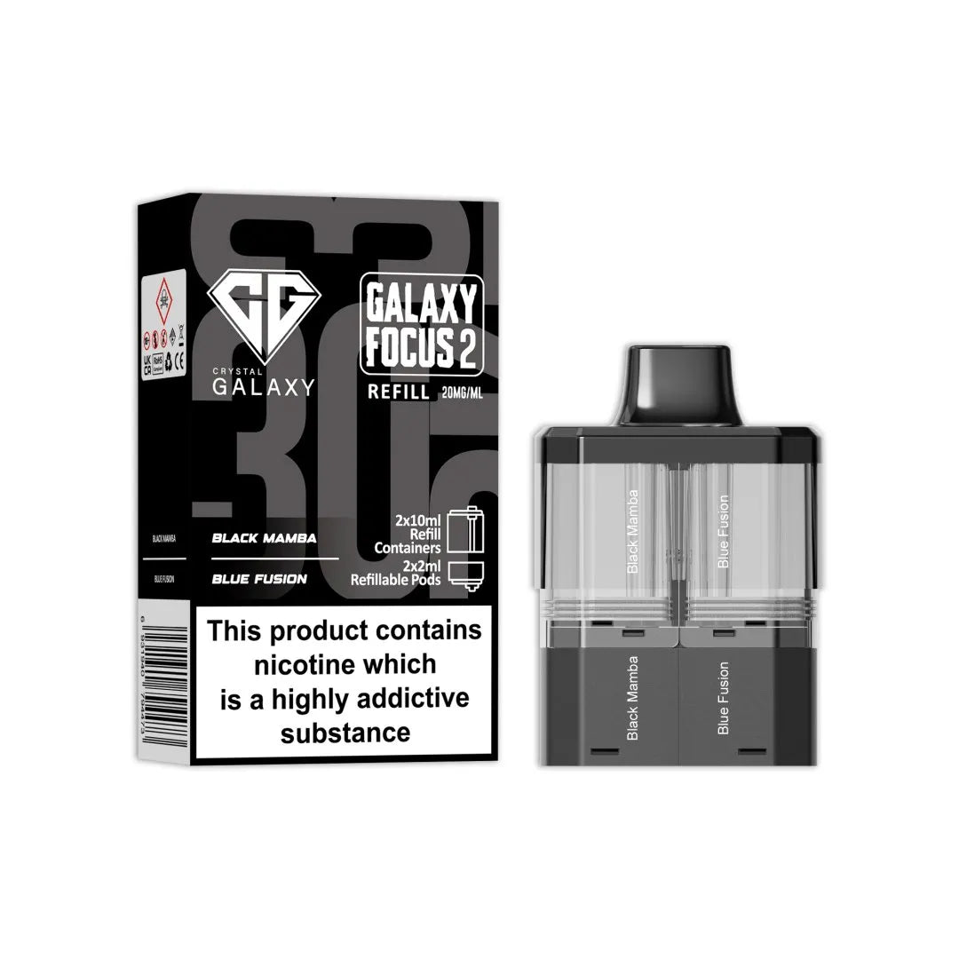 Crystal Galaxy Focus 2 Replacement Pods in Black Mamba / Blue Fusion – prefilled pods for the Focus 2 vape kit, up to 30,000 puffs.