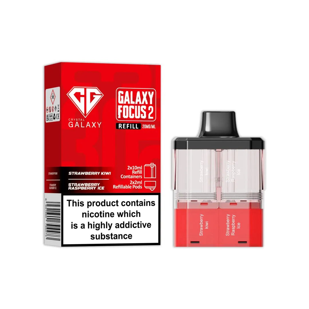Crystal Galaxy Focus 2 Replacement Pods in Strawberry Kiwi / Strawberry Raspberry Ice – prefilled pods for the Focus 2 vape kit, up to 30,000 puffs.
