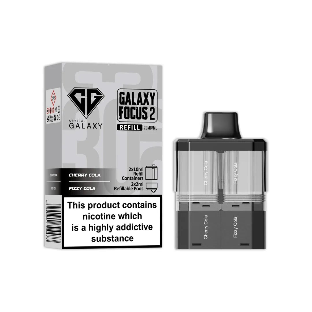 Crystal Galaxy Focus 2 Replacement Pods in Cherry Cola / Fizzy Cola – prefilled pods for the Focus 2 vape kit, up to 30,000 puffs.