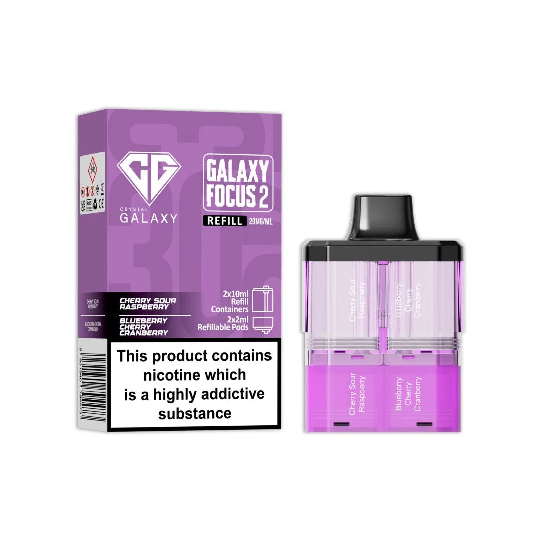 Crystal Galaxy Focus 2 Replacement Pods in Cherry Sour Raspberry / Blueberry Cherry Cranberry – prefilled pods for the Focus 2 vape kit, up to 30,000 puffs.