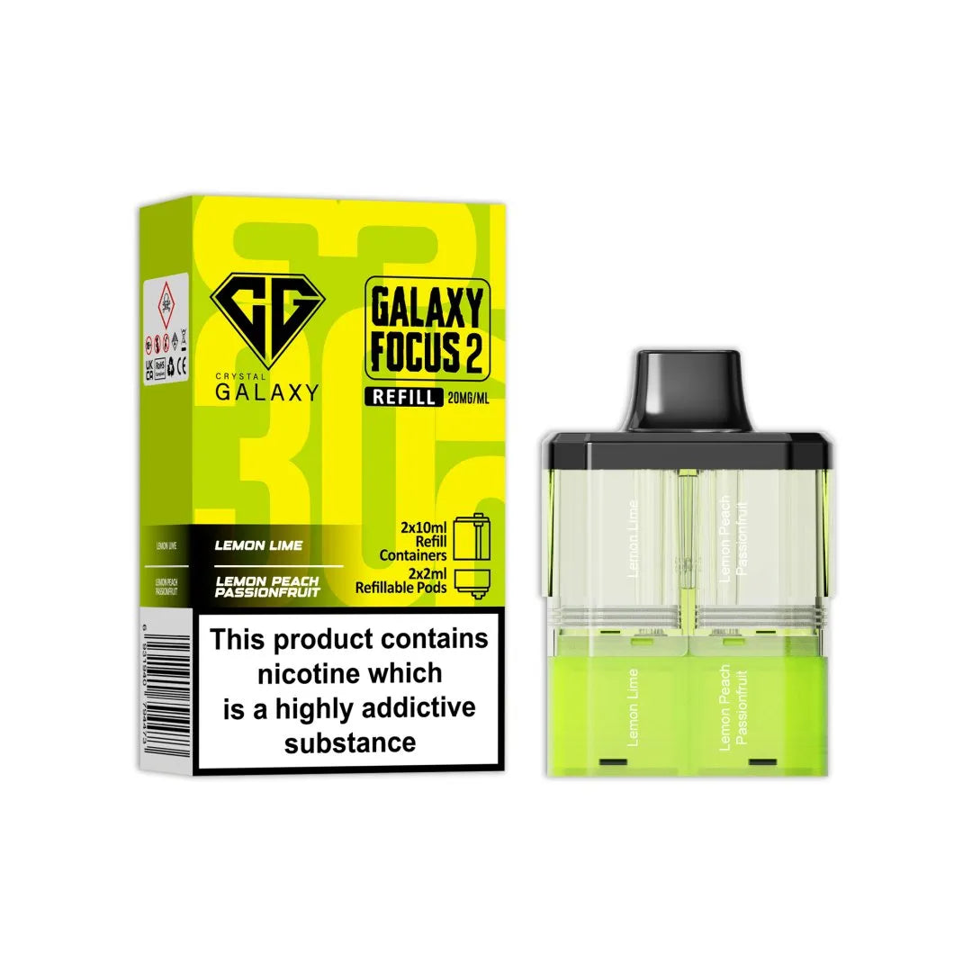 Crystal Galaxy Focus 2 Replacement Pods in Lemon Lime / Lemon Peach Passionfruit – prefilled pods for the Focus 2 vape kit, up to 30,000 puffs.