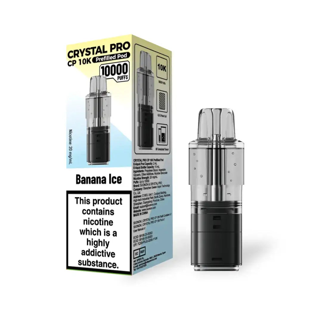 Crystal Pro CP 10K Prefilled Pods in Banana Ice flavor – stylish vape device with up to 10,000 puffs.