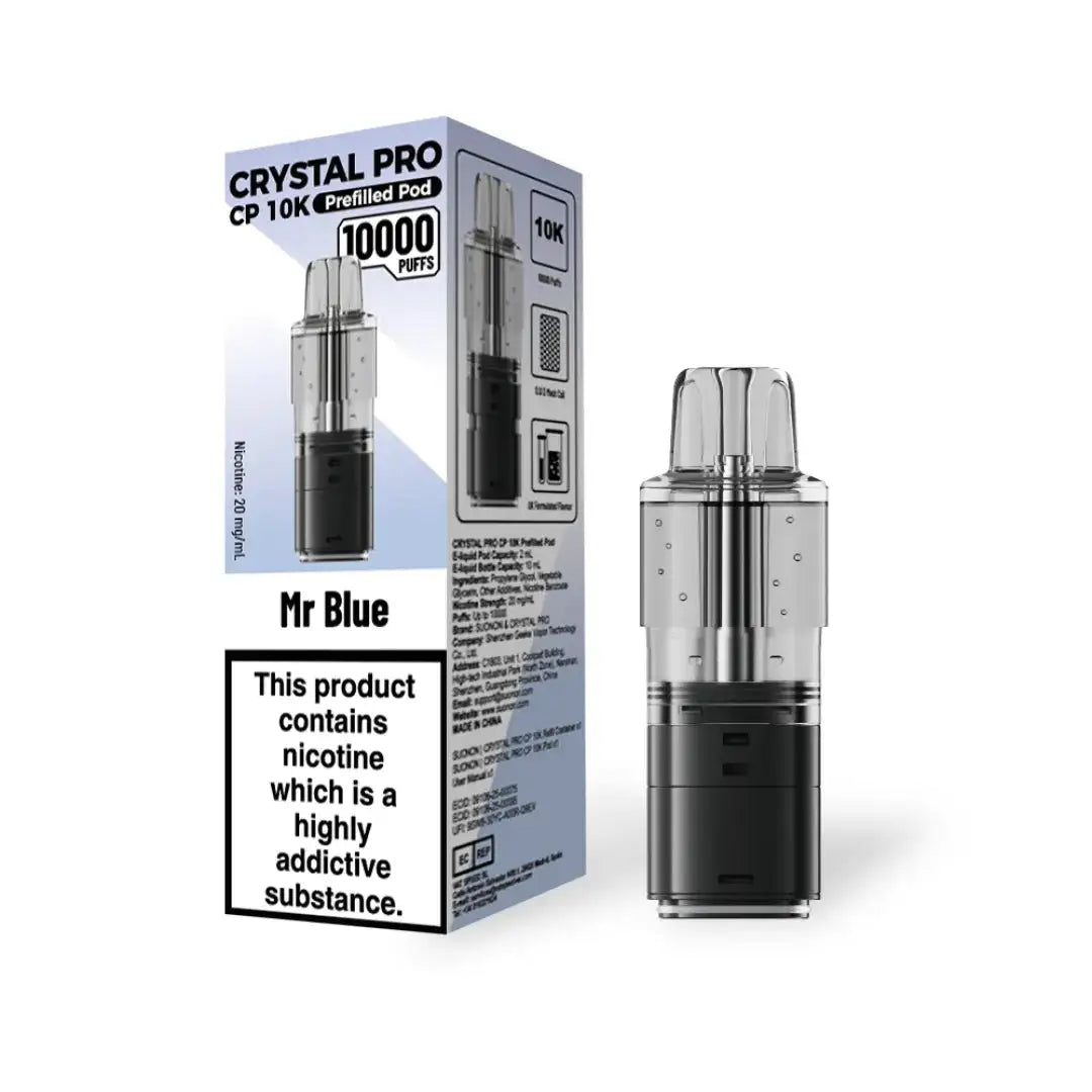 Crystal Pro CP 10K Prefilled Pods in Mr Blue flavor – stylish vape device with up to 10,000 puffs.