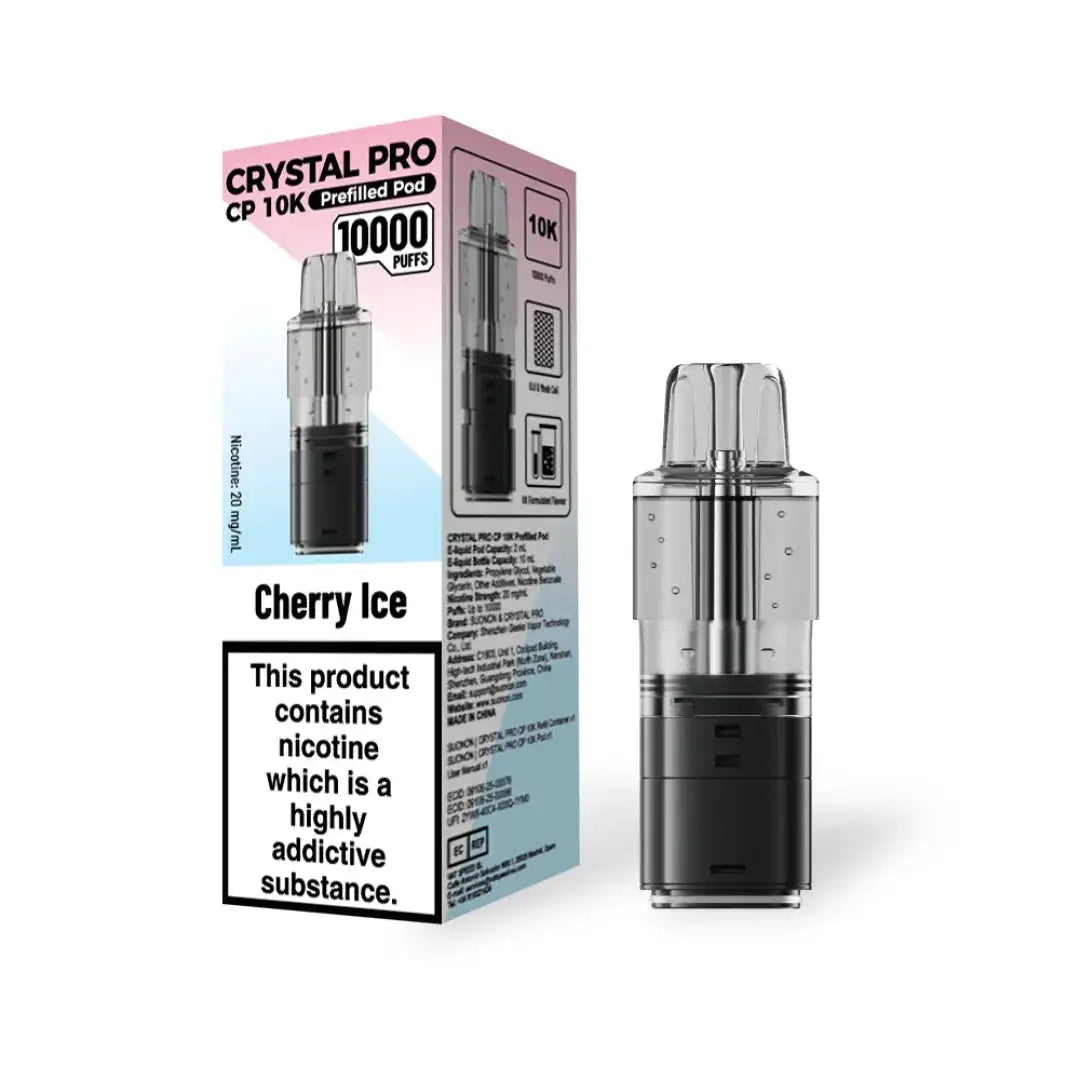 Crystal Pro CP 10K Prefilled Pods in Cherry Ice flavor – stylish vape device with up to 10,000 puffs.
