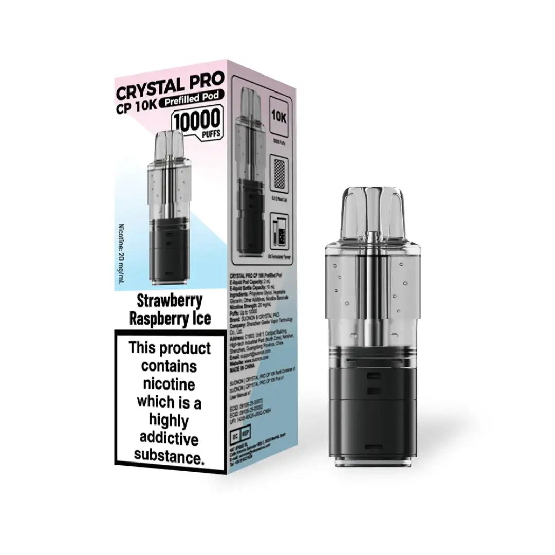 Crystal Pro CP 10K Prefilled Pods in Strawberry Raspberry Ice flavor – stylish vape device with up to 10,000 puffs.