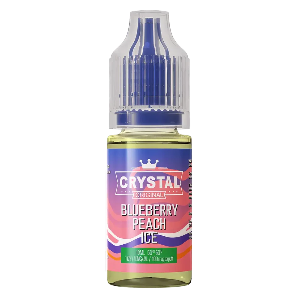 SKE Crystal Nic Salt 10ml E-Liquid in blueberry peach ice flavor, available in 10mg or 20mg strength with a 50/50 VG/PG ratio.