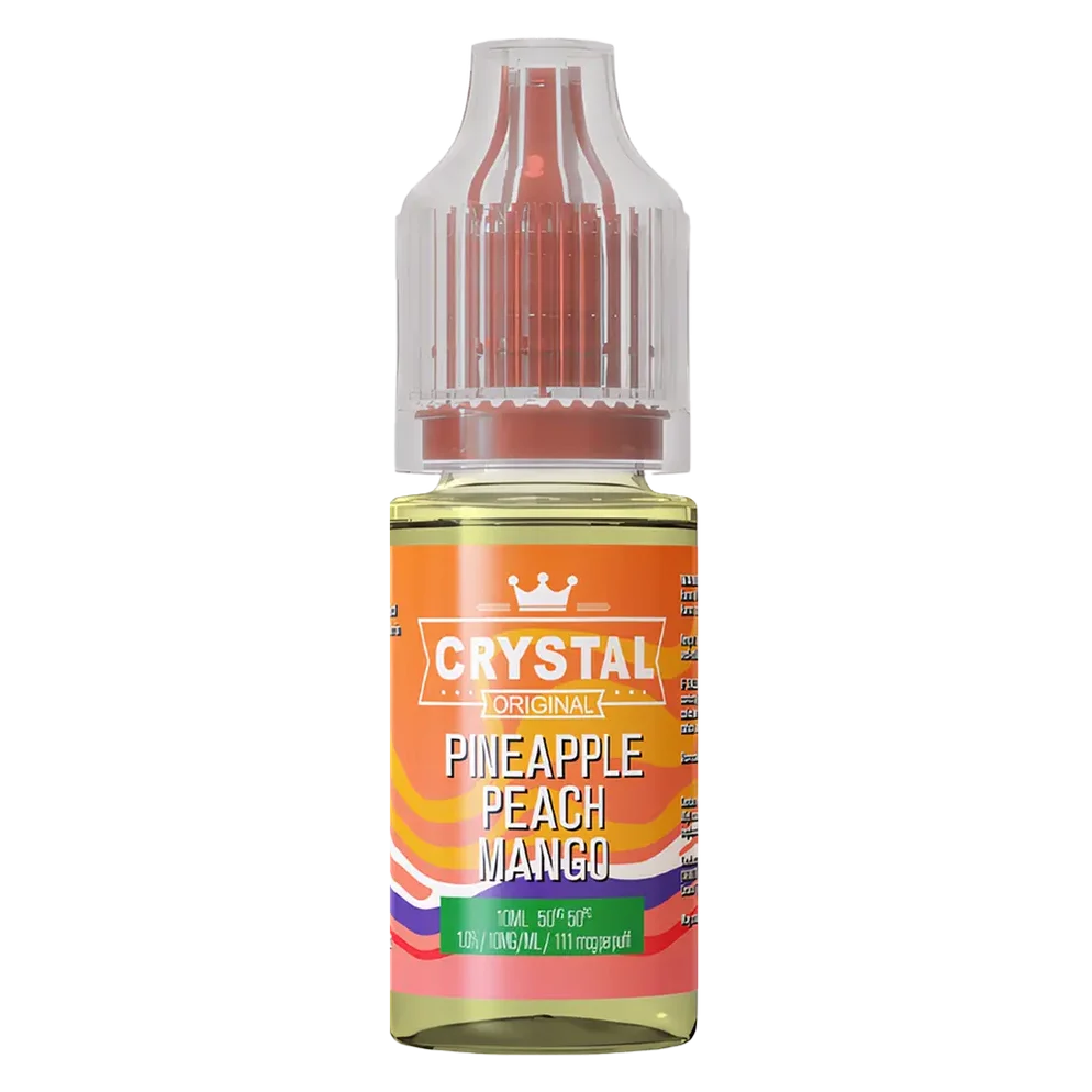 SKE Crystal Nic Salt 10ml E-Liquid in pineapple peach mango flavor, available in 10mg or 20mg strength with a 50/50 VG/PG ratio.