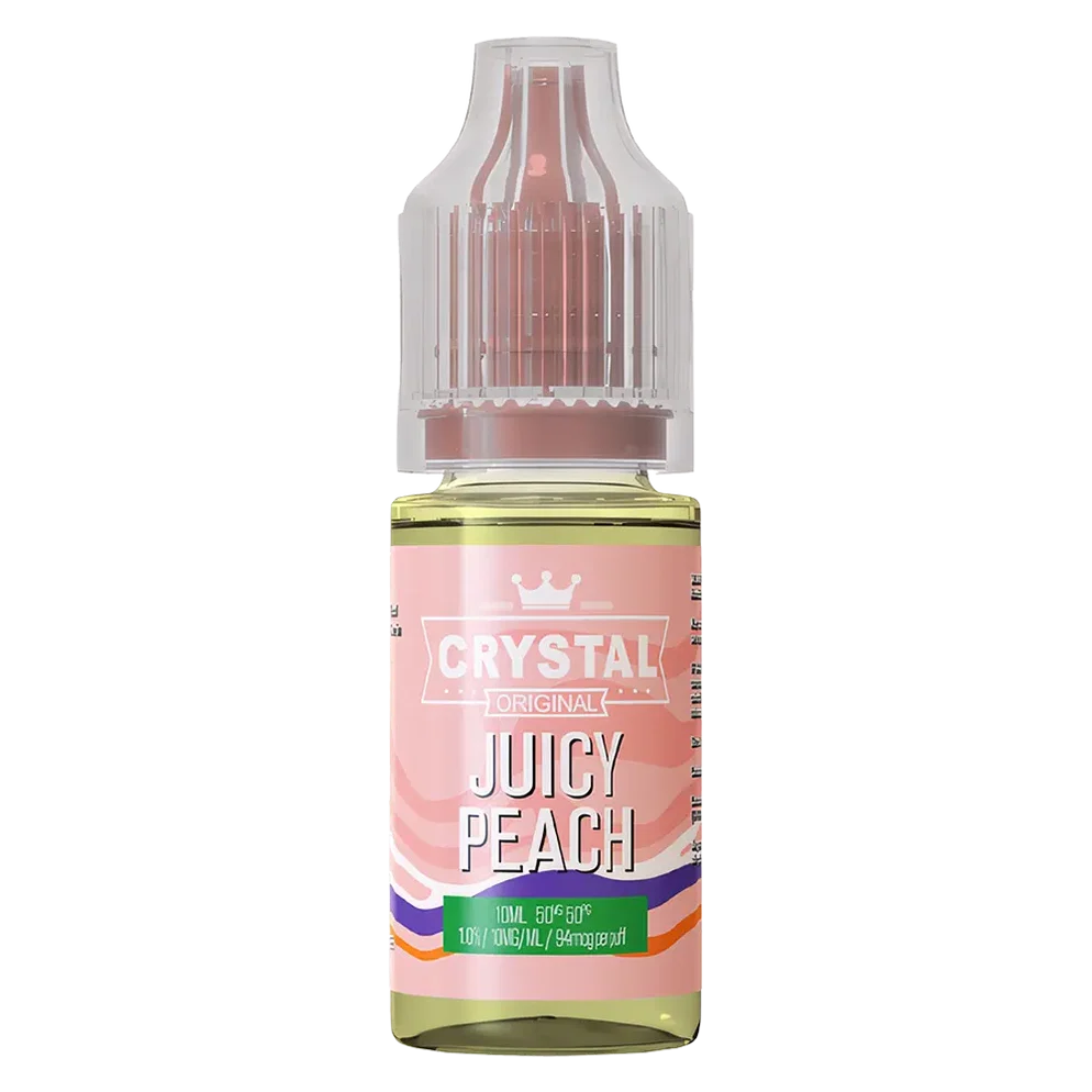 SKE Crystal Nic Salt 10ml E-Liquid in juicy peach flavor, available in 10mg or 20mg strength with a 50/50 VG/PG ratio.
