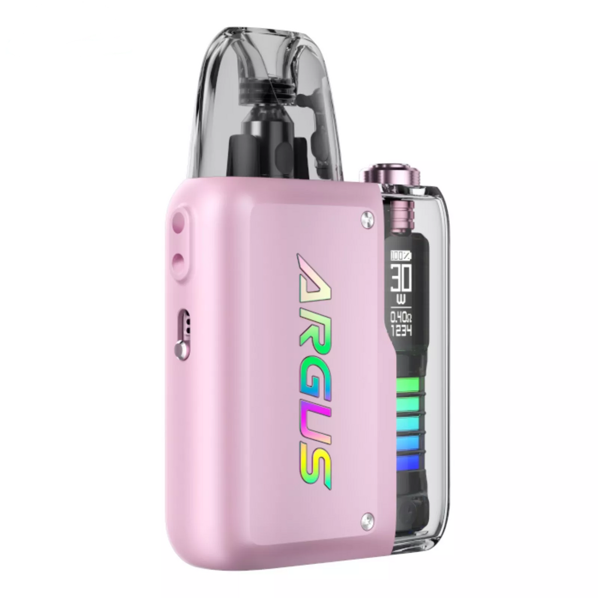 VOOPOO Argus P2 Pod Kit in Crystal Pink – sleek and compact pod vape with a dynamic LED display, adjustable wattage, and smooth performance for everyday vaping.