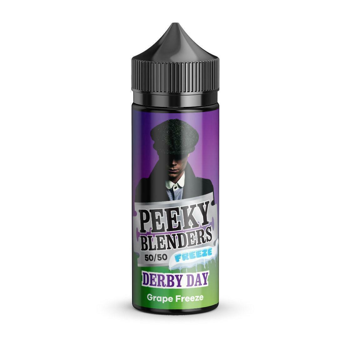 100ml shortfill bottle of Peeky Blenders Vape Juice in Derby Day Freeze flavor, delivering a bold and refreshing taste crafted for smooth, flavorful vaping; nicotine-free with room for nic shots, designed for dense clouds and premium quality.