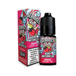 Load image into Gallery viewer, A 10ml bottle of Seriously Salty Berry Watermelon nicotine salt e-liquid with a childproof cap, next to its colorful packaging box which indicates the flavor and product specifications.

