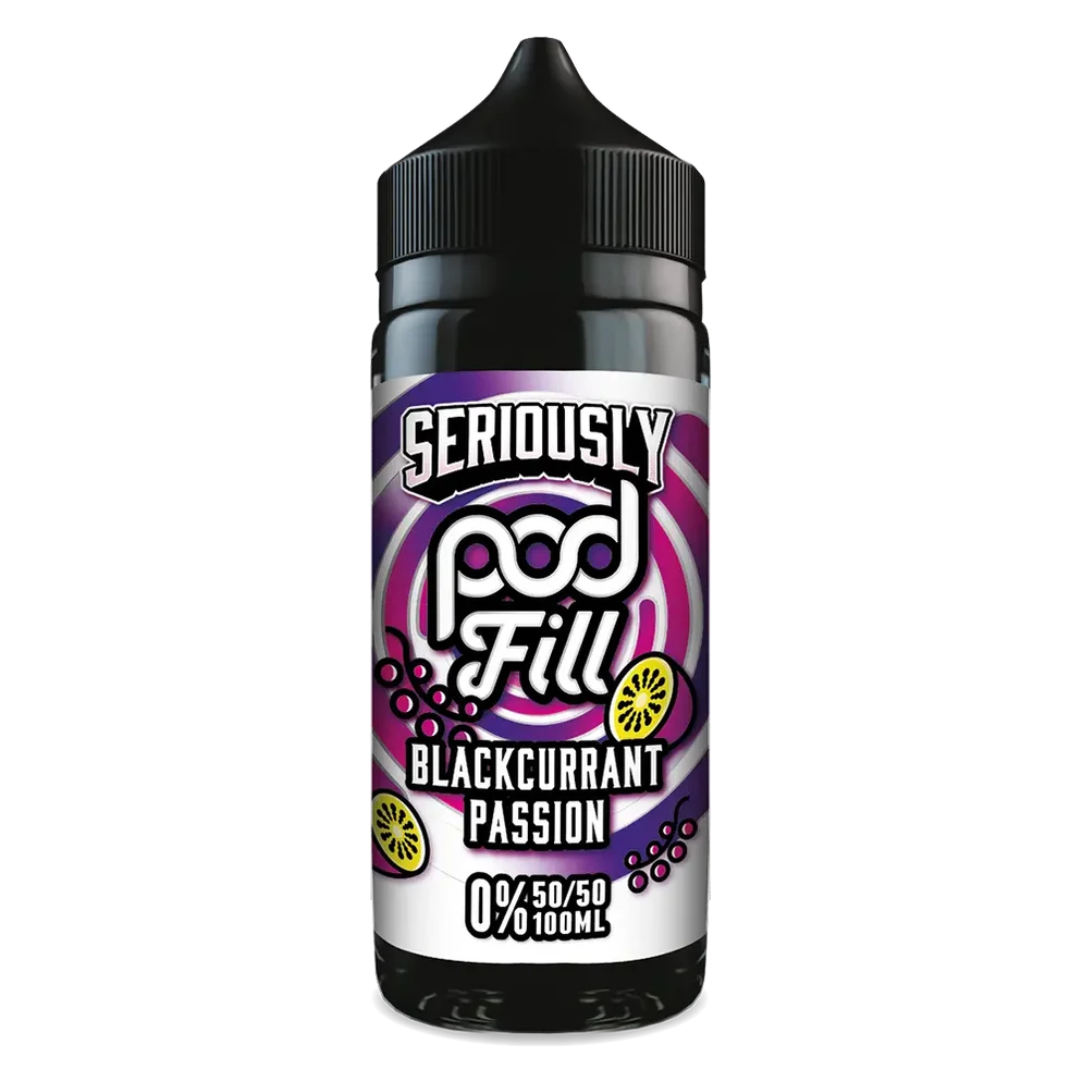 100ml shortfill bottle of Seriously Pod E-Liquid by Doozy Vape in Blackcurrant Passion flavor, nicotine-free with room for nic shots, crafted with a pod-friendly formula for rich flavor and consistent clouds.