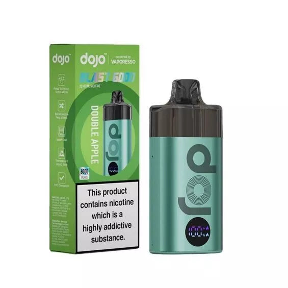 Vaporesso Dojo Blast 6000 puffs vape kit in Double Apple, featuring a sleek rechargeable design with 6k BIG Puff capacity, mesh coil technology for enhanced flavor, long-lasting battery, and user-friendly draw activation.