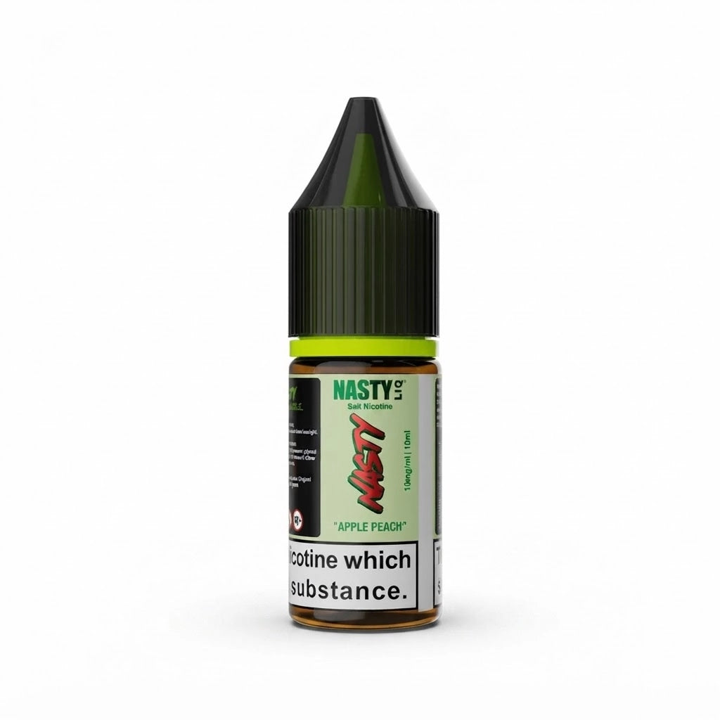 Nasty Liq Apple Peach Nic Salt Vape Juice in Apple Peach Flavor – sleek 10 ml bottle featuring a crisp apple and juicy peach blend with smooth nicotine salts, ideal for pod-system vaping and easy dropper filling.