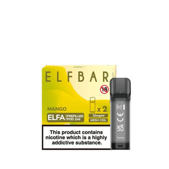 Elf Bar Elfa prefilled pod in Mango flavor, delivering a sweet and tropical ripe mango taste, designed for use with the Elf Bar Elfa device for a smooth and refreshing vaping experience.