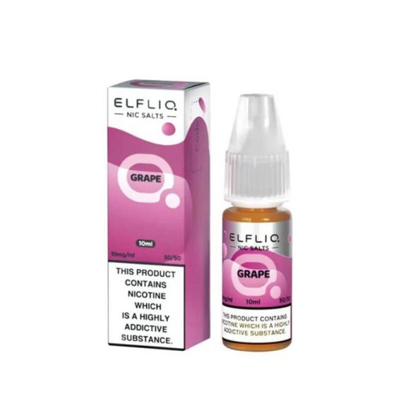 A bottle of Elf Bar ElfLiq Grape Nic Salt Vape Juice, 10ml with a concentration of 20mg nicotine. The liquid is intended for use with pod systems and low-wattage devices.
