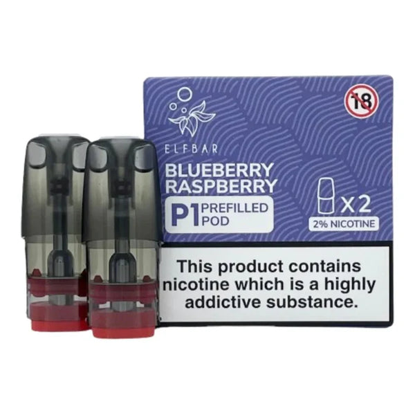 Elf Bar Mate P1 prefilled pod in Blueberry Raspberry flavor, combining juicy blueberries with tangy raspberries for a sweet and refreshing vape, designed for use with the Elf Bar Mate device for a smooth and fruity vaping experience