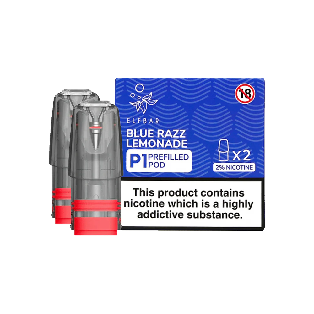 Pack of 2 Elf Bar Mate P1 prefilled pods in Blue Razz Lemonade flavor, blending sweet blue raspberry with tangy lemonade for a bold and refreshing vape, designed for use with the Elf Bar Mate device for a smooth and fruity vaping experience