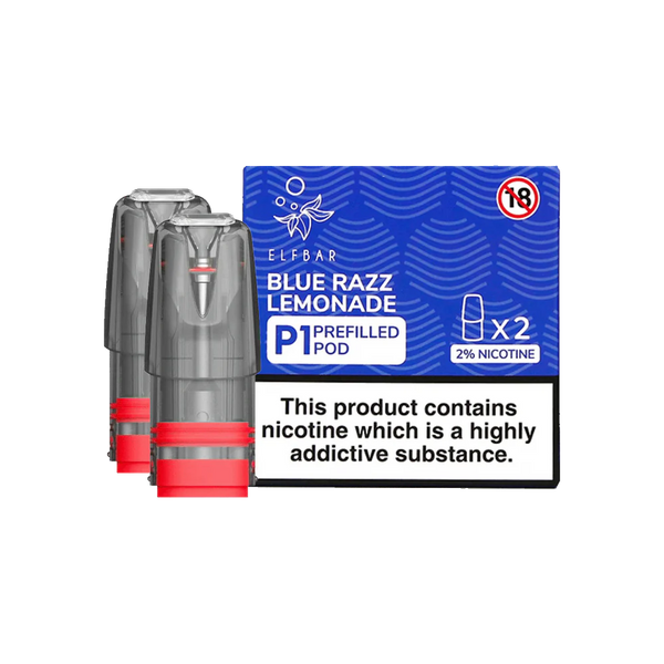 Pack of 2 Elf Bar Mate P1 prefilled pods in Blue Razz Lemonade flavor, blending sweet blue raspberry with tangy lemonade for a bold and refreshing vape, designed for use with the Elf Bar Mate device for a smooth and fruity vaping experience