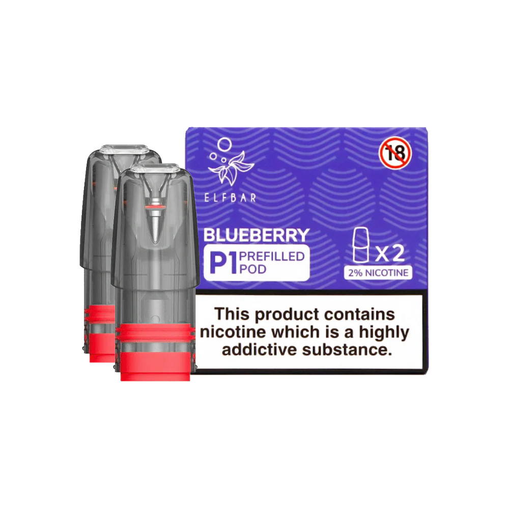 Pack of 2 Elf Bar Mate P1 prefilled pods in Blueberry flavor, delivering a sweet and juicy blueberry taste, designed for use with the Elf Bar Mate device for a smooth and fruity vaping experience