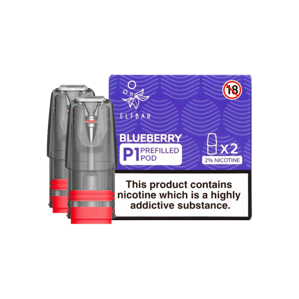 Pack of 2 Elf Bar Mate P1 prefilled pods in Blueberry flavor, delivering a sweet and juicy blueberry taste, designed for use with the Elf Bar Mate device for a smooth and fruity vaping experience