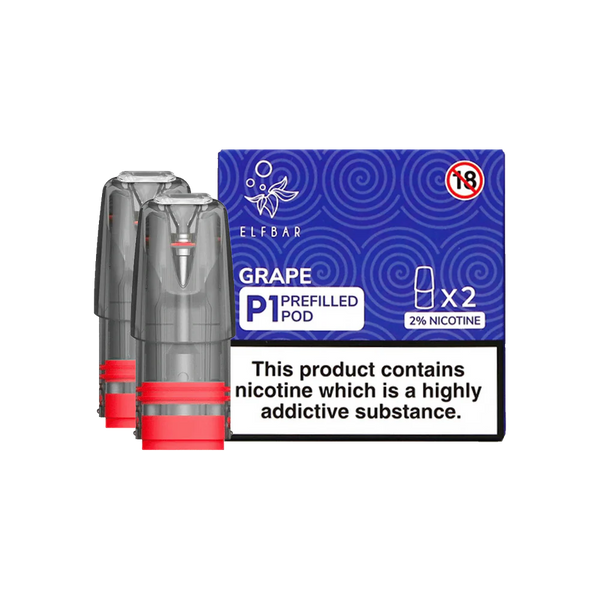 Pack of 2 Elf Bar Mate P1 prefilled pods in Grape flavor, delivering a rich and juicy grape taste, designed for use with the Elf Bar Mate device for a smooth and flavorful vaping experience