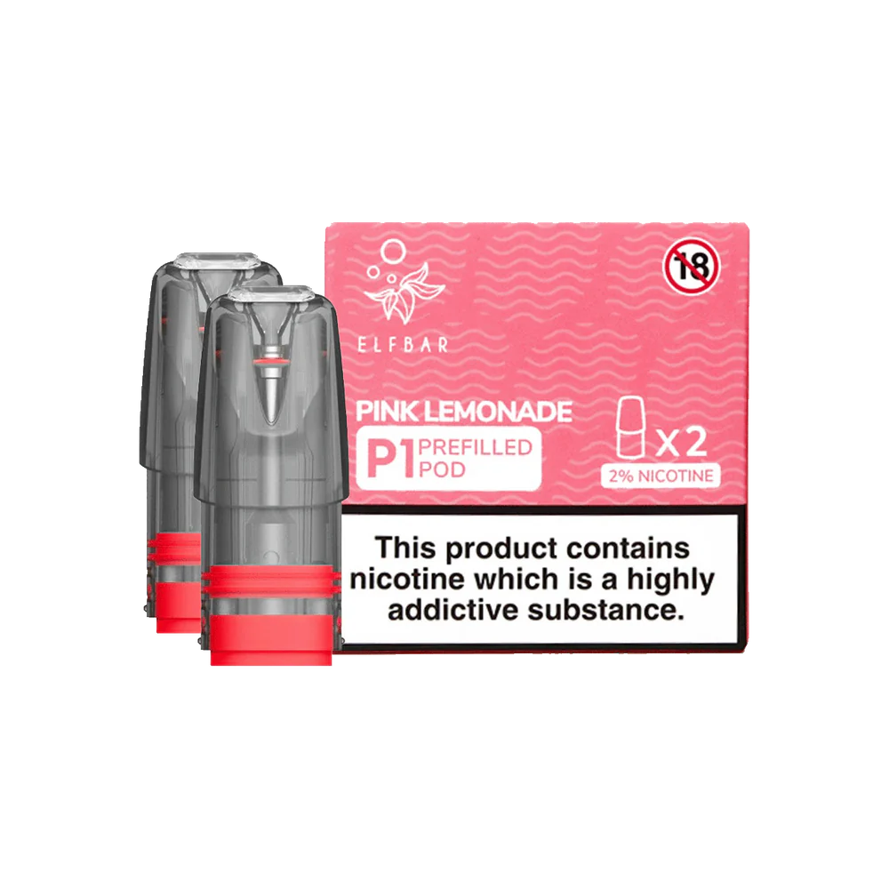 Pack of 2 Elf Bar Mate P1 prefilled pods in Pink Lemonade flavor, offering a sweet and tangy mix of zesty lemonade with a fruity twist, designed for use with the Elf Bar Mate device for a smooth and refreshing vaping experience
