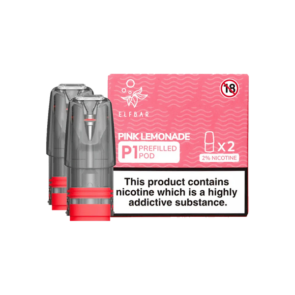 Pack of 2 Elf Bar Mate P1 prefilled pods in Pink Lemonade flavor, offering a sweet and tangy mix of zesty lemonade with a fruity twist, designed for use with the Elf Bar Mate device for a smooth and refreshing vaping experience