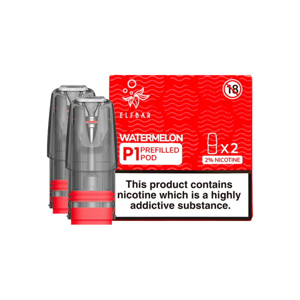 Elf Bar Mate P1 prefilled pods in Watermelon flavor, delivering a sweet and juicy watermelon taste, designed for use with the Elf Bar Mate device for a smooth and refreshing vaping experience