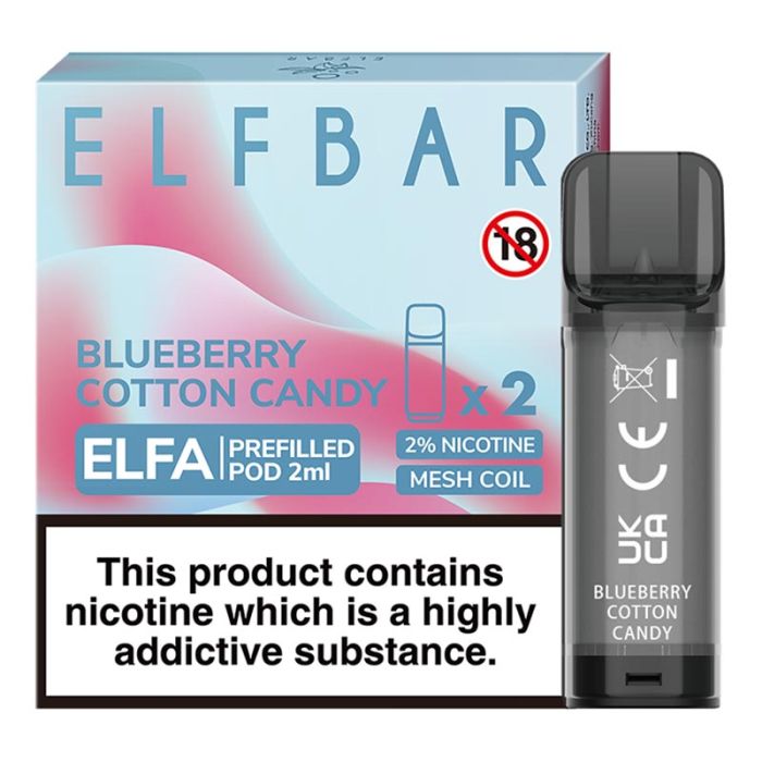 Elf Bar Elfa prefilled pod in Blueberry Cotton Candy flavor, blending the sweetness of fluffy cotton candy with juicy blueberries for a smooth and nostalgic vape, designed for use with the Elf Bar Elfa device for a flavorful vaping experience.