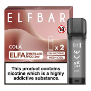 Elf Bar Elfa prefilled pod in Cola flavor, delivering the classic sweet and fizzy taste of cola, designed for use with the Elf Bar Elfa device for a bold and refreshing vaping experience.