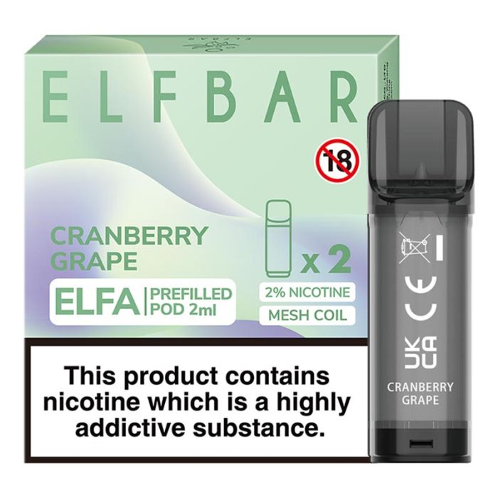 Elf Bar Elfa prefilled pod in Cranberry Grape flavor, combining tart cranberries with sweet, juicy grapes for a bold and fruity vape, designed for use with the Elf Bar Elfa device for a smooth and refreshing vaping experience