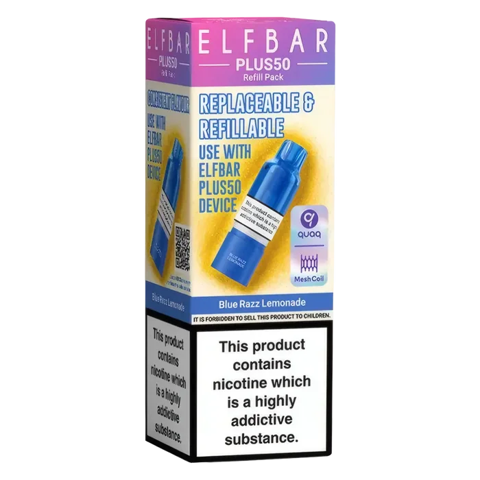 Elf Bar Plus 50 Prefilled Pods in Blue Razz Lemonade flavour – smooth, sweet, and ready-to-use vape pods