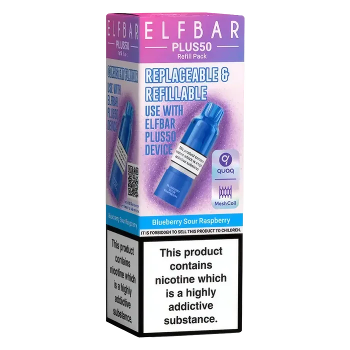 Elf Bar Plus 50 Prefilled Pods in Blueberry Sour Raspberry flavour – smooth, sweet, and ready-to-use vape pods