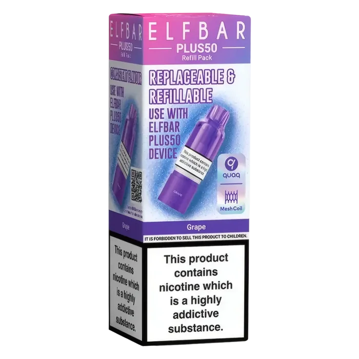 Elf Bar Plus 50 Prefilled Pods in Grape flavour – smooth, sweet, and ready-to-use vape pods
