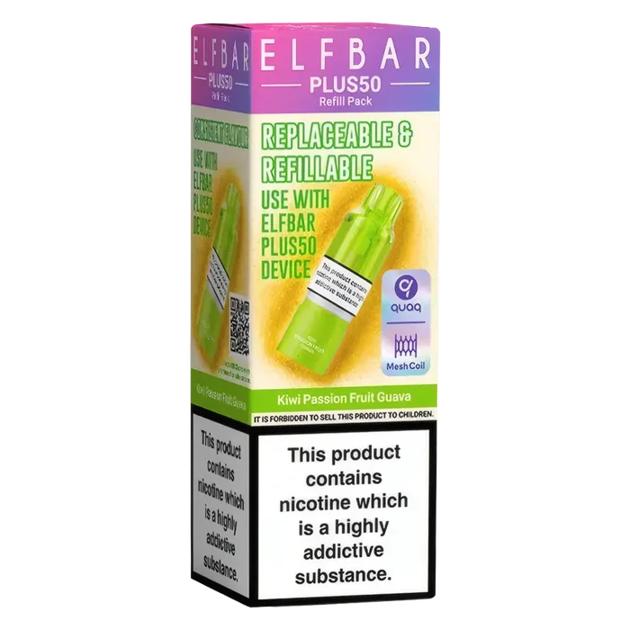 Elf Bar Plus 50 Prefilled Pods in Kiwi Passion Fruit Guava flavour – smooth, sweet, and ready-to-use vape pods