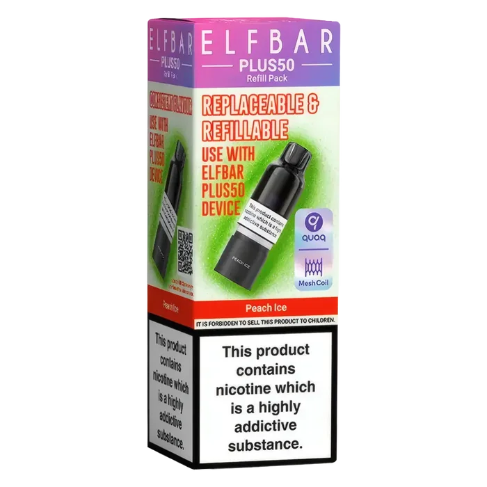Elf Bar Plus 50 Prefilled Pods in Peach Ice flavour – smooth, sweet, and ready-to-use vape pods