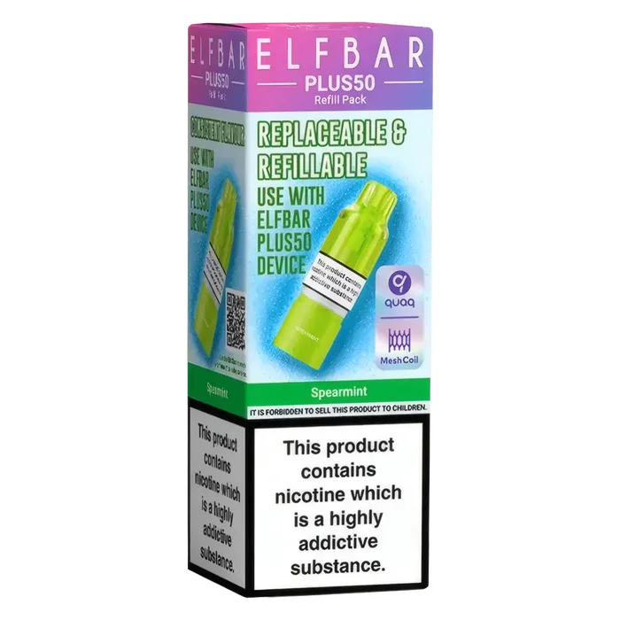 Elf Bar Plus 50 Prefilled Pods in Spearmint flavour – smooth, sweet, and ready-to-use vape pods