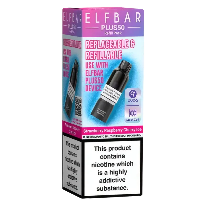 Elf Bar Plus 50 Prefilled Pods in Strawberry Raspberry Cherry Ice flavour – smooth, sweet, and ready-to-use vape pods