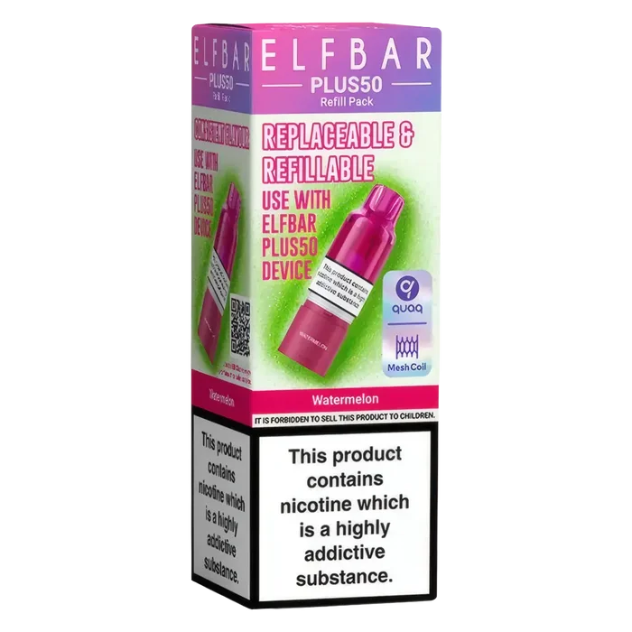 Elf Bar Plus 50 Prefilled Pods in Watermelon flavour – smooth, sweet, and ready-to-use vape pods