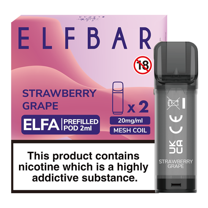 Elf Bar Elfa prefilled pod in Strawberry Grape flavor, blending sweet strawberries with juicy grapes for a smooth and fruity vape, designed for use with the Elf Bar Elfa device for a refreshing vaping experience.