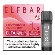 Elf Bar Elfa prefilled pod in Strawberry Raspberry flavor, combining sweet strawberries with tangy raspberries for a smooth and fruity vape, designed for use with the Elf Bar Elfa device for a refreshing vaping experience.