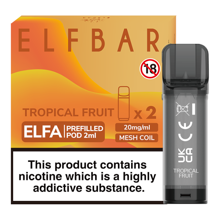 Elf Bar Elfa prefilled pod in Tropical Fruit flavor, offering a refreshing mix of exotic fruits for a sweet and vibrant vape, designed for use with the Elf Bar Elfa device for a smooth and flavorful vaping experience