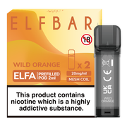 Elf Bar Elfa prefilled pod in Wild Orange flavor, delivering a vibrant citrus burst of tangy and sweet orange, designed for use with the Elf Bar Elfa device for a smooth and refreshing vaping experience