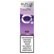 A bottle of ELFBAR ElfLiq Nic Salts e-liquid in Blackcurrant Aniseed flavor, with a label indicating 10ml volume, 20mg nicotine strength, and other product details.