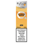 Load image into Gallery viewer, A product image displaying the packaging of ELFBAR ElfLiq Nic Salts, with the flavor &#39;Rhubarb Snoow&#39; indicated on the label. The packaging is primarily orange with text stating the product contains nicotine.
