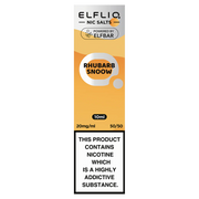 A product image displaying the packaging of ELFBAR ElfLiq Nic Salts, with the flavor 'Rhubarb Snoow' indicated on the label. The packaging is primarily orange with text stating the product contains nicotine.