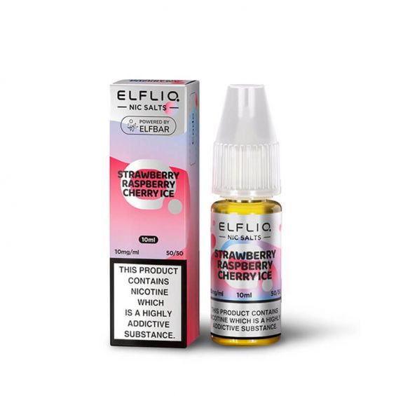 A bottle of ELFBAR ElfLiq Nic Salts e-liquid in Strawberry Raspberry Cherry Ice flavor, 10ml size, with nicotine strength indicators.