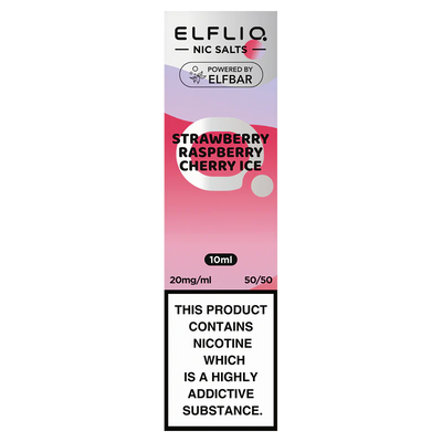 A bottle of ELFBAR ElfLiq Nic Salts e-liquid in Strawberry Raspberry Cherry Ice flavor, 10ml size, with nicotine strength indicators.